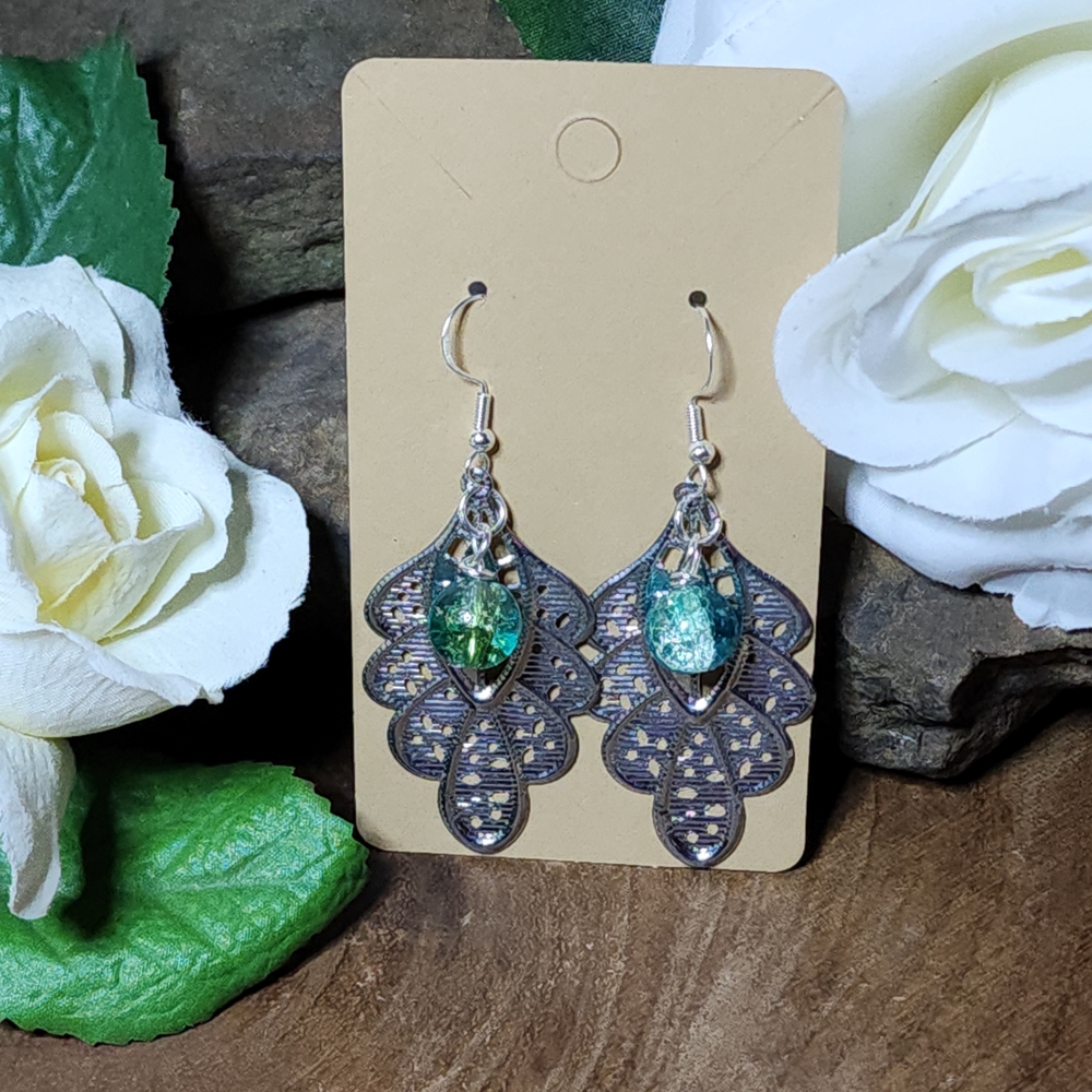 Hand Crafted Dangle Earrings With and Clear, Green & Blue Crackled Glass
